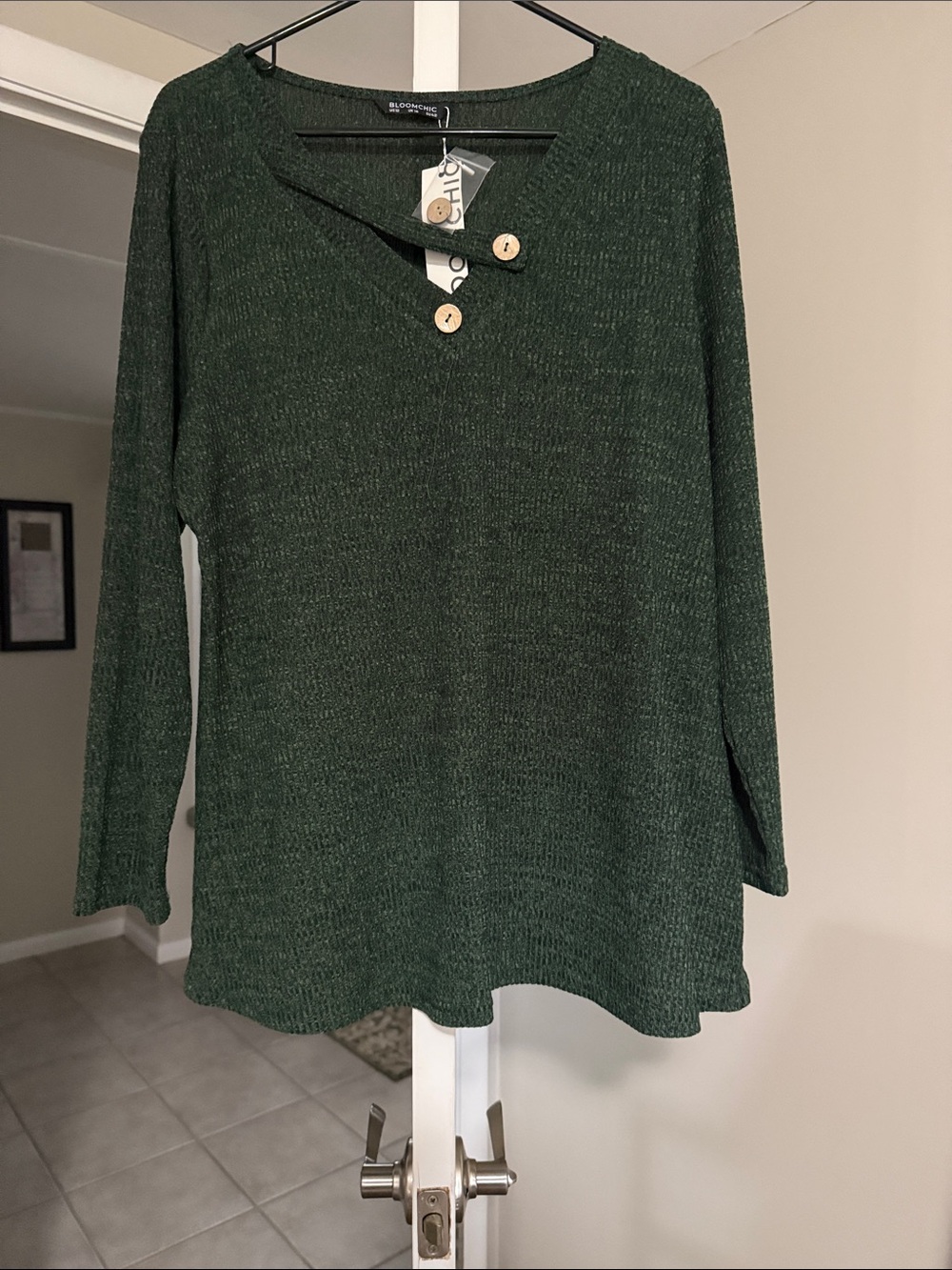 BloomChic Dark Green Ribbed Long Sleeve Top with Button Accent